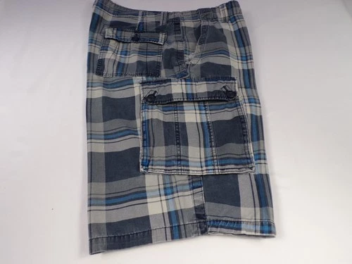 VINTAGE Ocean Pacific Cargo Short Men 40/42 Blue Gray Plaid Cotton 6 Pocket G25