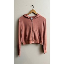 Tna Aritzia Waffle Knit Zip Up Hoodie Large Pink Cropped Thermal Sweatshirt
