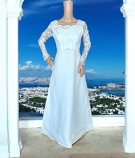 Vintage 50s Cream Pearl Beaded Lace Bodice BOW Wedding Dress S Long Sleeve