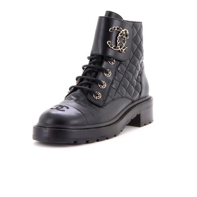 Chanel Women's Chain CC Cap Toe Lace Up Combat Boots Quilted Shiny