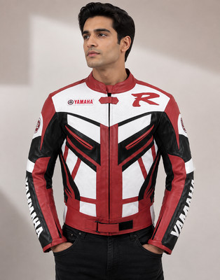 Three Tone Red White Black Motorcycle Speed Hump Racing Handmade Leather Jacket