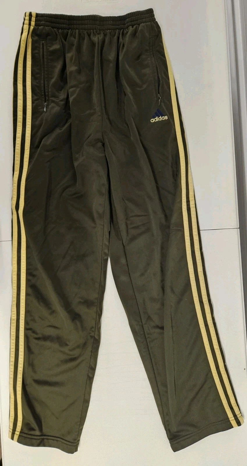 Vintage Y2K Adidas Track Pants Brown Gold Stripe Mens Medium Snap Tearaway
