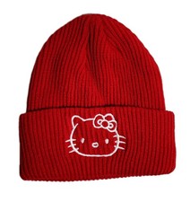Hello Kitty Girls Red Cuffed Knitted Beanie Hat With White Embroidery New