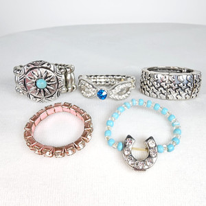 SET OF 5 Stretch Toe Rings RHINESTONES & Silver Tone PINK & BLUE Pretty Bling