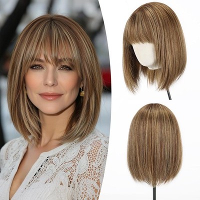 10 Inch 100% Human Hair Bob Wigs with Bangs Blonde Mix Brown None Lace Wigs