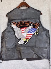 Men  s Genuine Leather Biker Vest XL LIVE TO RIDE Eagle Flag Back Graphic