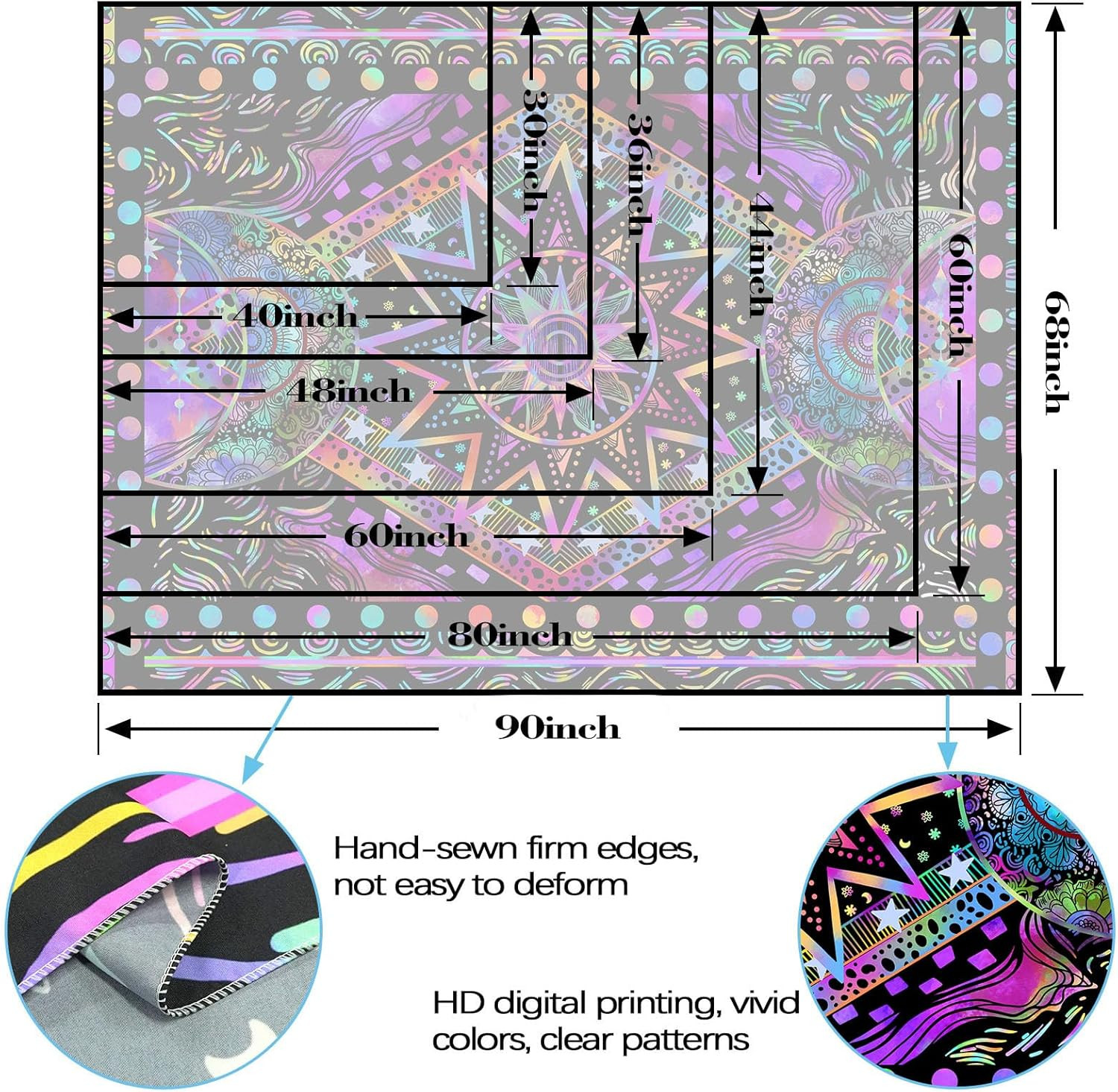 Blacklight Sun and Moon Tapestry Glow in The Dark Neon Hippie Bohemian Tapestrie