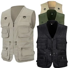 Mens Vest Cargo Multi Pocket Utility Fishing Hiking Outdoor Gilet Waistcoat Tops