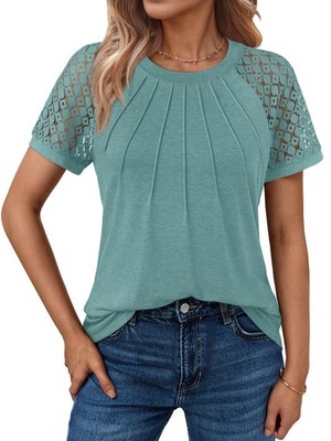's Lace Short Sleeve Tops - Pleated Business Casual Work Shirts for Summer Gr...