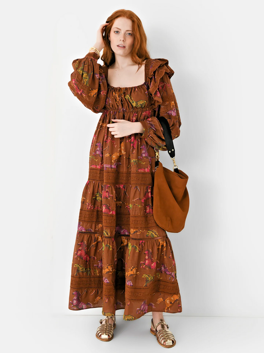 Farm Rio Dotted Horse pony Ruffle crochet lace trim Maxi dress brown L excellent | eBay Farm Rio Dotted Horse pony Ruffle crochet lace trim Maxi dress brown L excellent | eBay