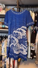 Women’s Blue/White Shift Dress Nautical Wave Graphic Print Short Sleeve Round