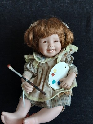 Vintage Artist Themed Porcelain Doll Painter Painting With Palette & Paintbrush