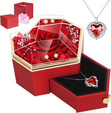 Preserved Red Real Rose with Necklace Forever Flowers Diamond Shaped Box for Mom