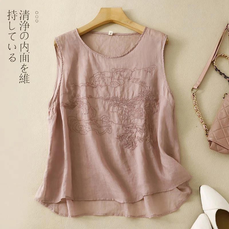 Mujeres Algodón Lino Cuello Redondo Sin Mangas Camisetas sin Mangas Bordado Verano Chaleco Retro Foto 2 de 4