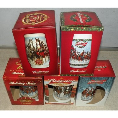 Lot 5 Budweiser Holiday Steins 2005 Through 2009 New In Box COA