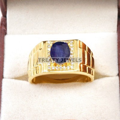 Blue Sapphire Oval Cut With 14k Yellow Gold Ring For Men #B631 #