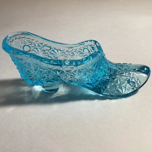 Fenton Light  Aqua Blue Glass Shoe Daisy Button Design 5 Inches Long.