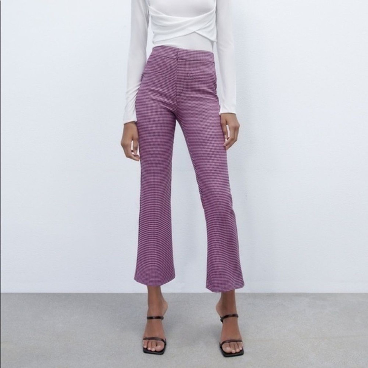 ！ ZARA WOMAN NWT SS22 LIGHT PINK HOUNDSTOOTH MINI FLARE PANTS 7385