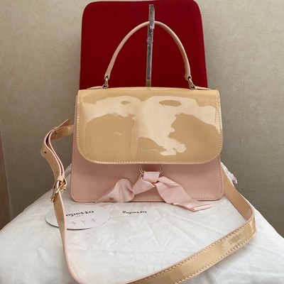 Repetto Double Jeu Handbag Shoulder Bag Large Bow Ribbon Leather Pink Beige NWOT