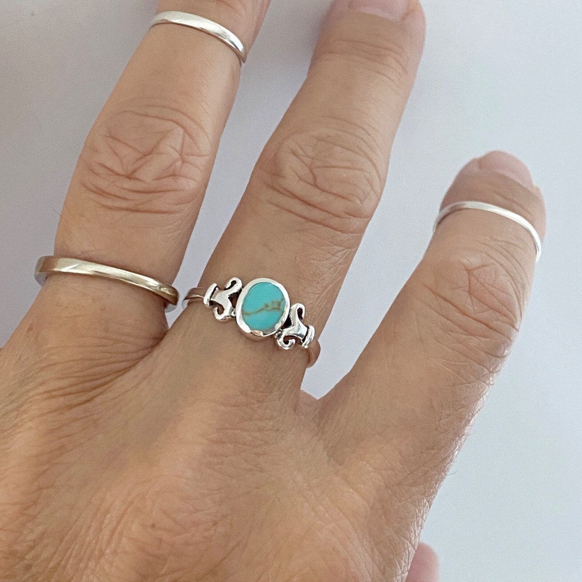 Sterling Silver Round Turquoise Ring with Swirly, Silver