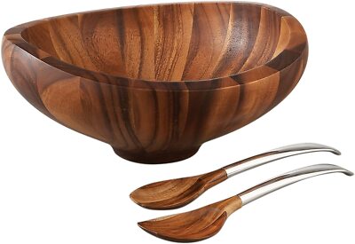 Nambe Butterfly Collection 4 Qt Acacia Wood Salad Bowl with Servers - Natural