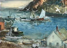 John Clifford Pellew -New England Harbor w/Boats Original Watercolor circa 1940s