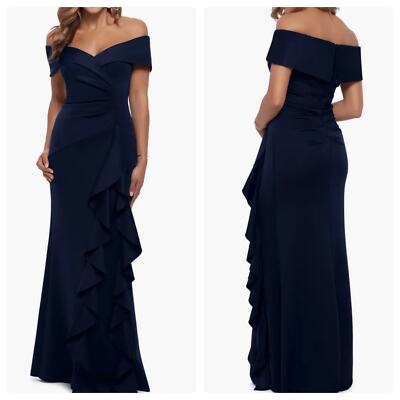 XSCAPE Ruffle Off the Shoulder Scuba Knit Gown Midnight Blue Size