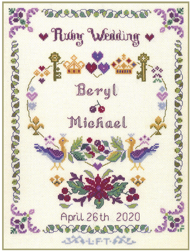 Ruby Wedding Sampler - complete cross stitch kit on 14 aida with COLOUR chart