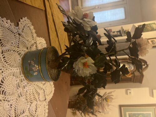 Drobny VTG Antyk Chiński rzeźbiony Jadeit Kwarcowy Kwiat Drzewo Cloisonne Sadzarka - Zdjęcie 1 z 3