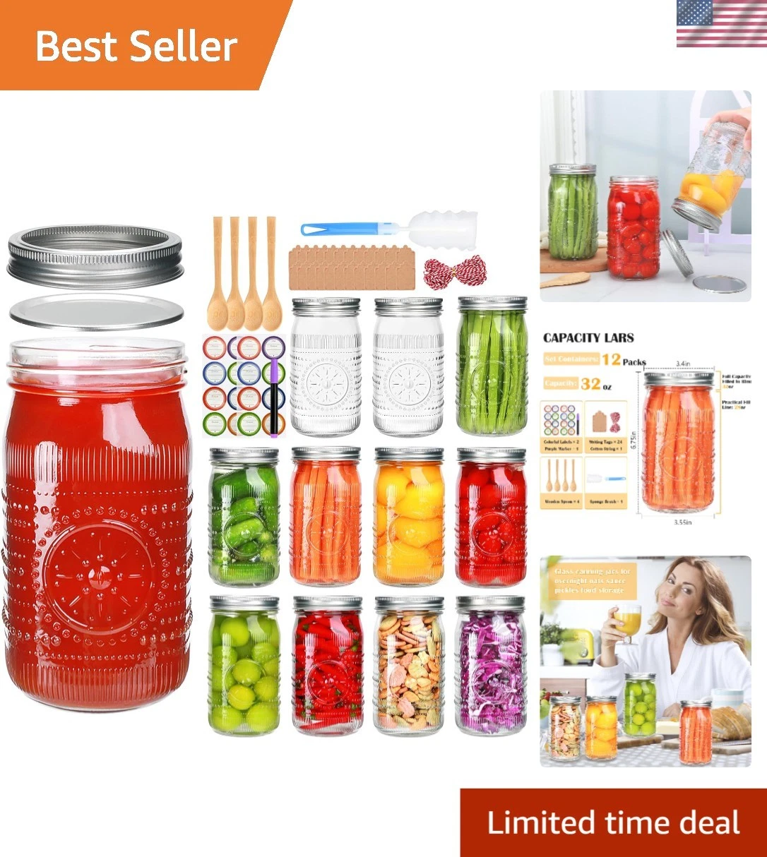 12 Pack 32oz Wide Mouth Mason Jars with Lids and Bands,Clear Glass Canning Ja...