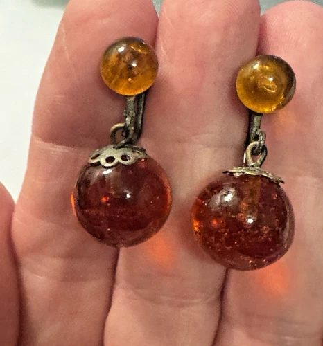Vtg Rootbeer Round Screw Back Earrings Dangle Brown Retro Jewelry Japan Bakelite