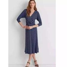 Lauren Ralph Lauren Chevron Striped Jersey Midi Dress Navy Light Blue Size 12