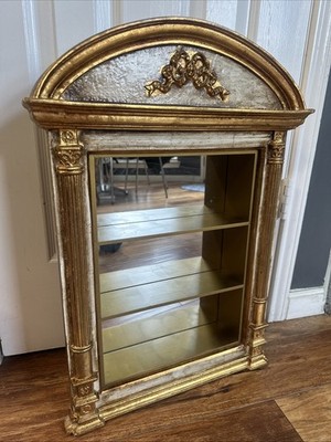 VTG Gold Wood 3 Tier Mirrored Back Shadow Box Wall Hanging Curio Shelf Ornate