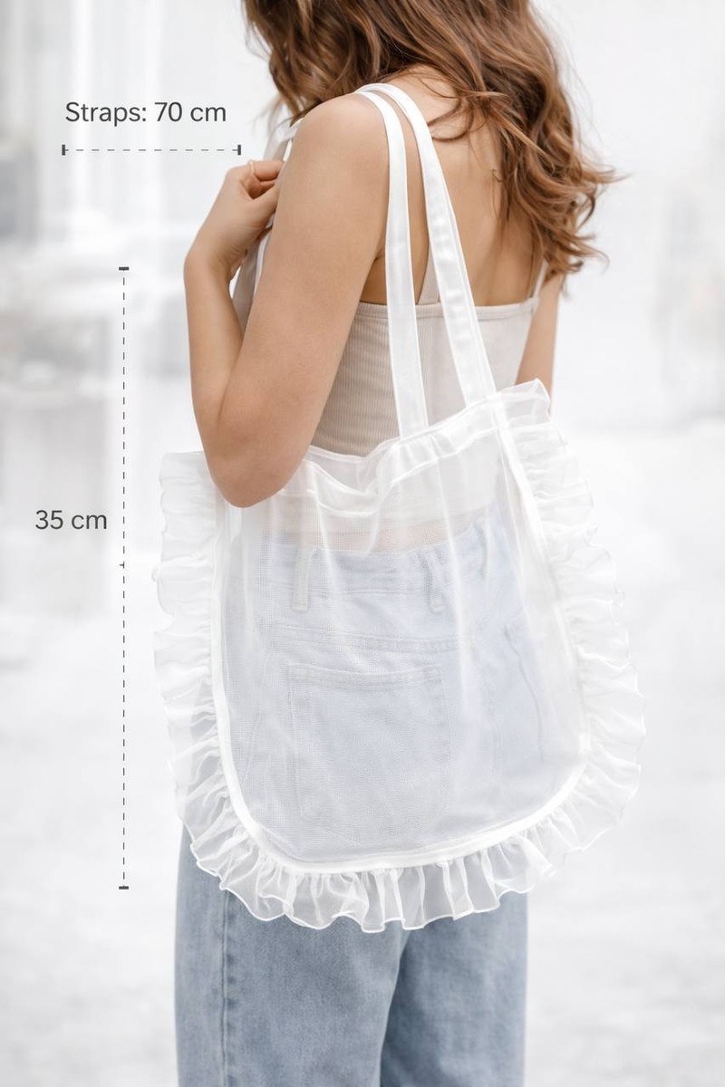 Sheer Mesh Tote Bag Ruffle Transparent White Bag 2026 Trend
