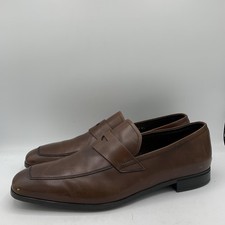 Prada Saffiano Penny Loafers Mens Size 8.5 Brown Leather Square Toe Shoes Italy