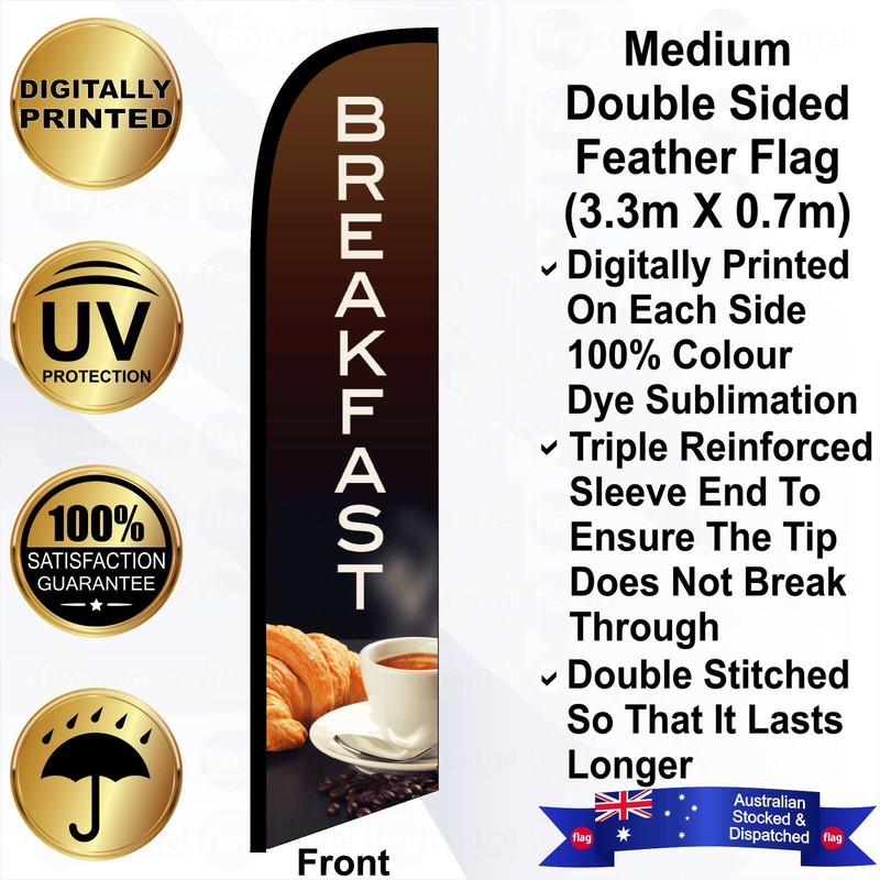 F - BREAKFAST Deluxe Double-Sided Brown 4m Feather Flag / Banner Kit with Pole Set, Galvanised Steel Ground Spike, Steel Outdoor Cross Base, Free 15kg Water Bag and a Free Carry Bag - 1