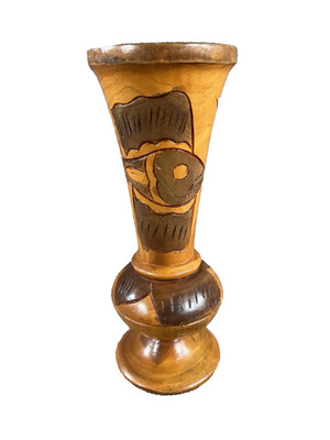 Vintage Hand Carved Wooden Vase Fish Design Folk Art 9.25x3.25 