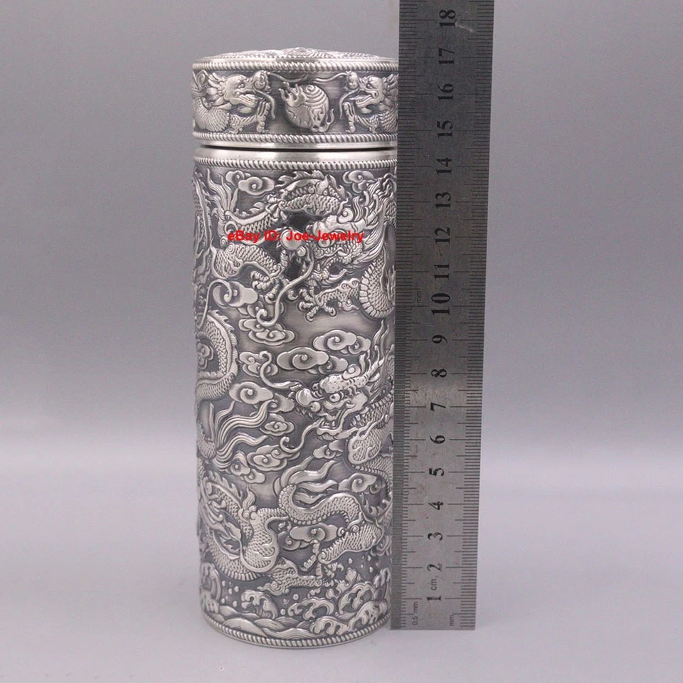 Botella de agua de plata fina sólida 999 aislamiento térmico botella patrón nueve dragones Foto 3 de 4