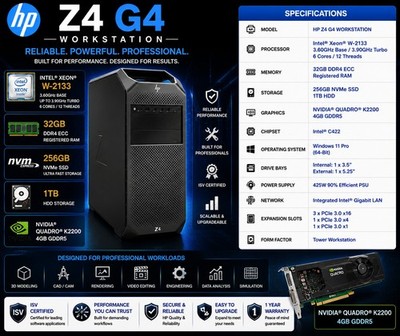 HP Z4 G4 Workstation Xeon W-2133 32GB RAM 256GB NVMe + 1TB HDD K2200 Win 11