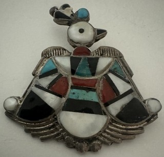 Estate Pawn Zuni Sterling Turquoise Coral Onyx MOP Thunderbird Pin