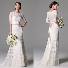 Elegant 1/2 Long Sleeves Lace Mermaid Wedding Dresses Beaded Sash Bridal Gowns