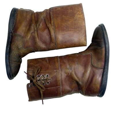 Antique VTG Children s 40s 50s Brown LEATHER Boys OLD TANKER Tall BOOTS youth 8?
