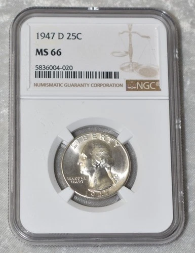 1947 D WASHINGTON QUARTER DOLLAR 90% SILVER NGC MS 66 MS66 DENVER MINT 25¢ COIN