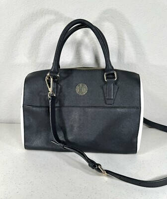 DKNY Black Saffiano Leather Boston Bag Black & White Satchel Crossbody Handles