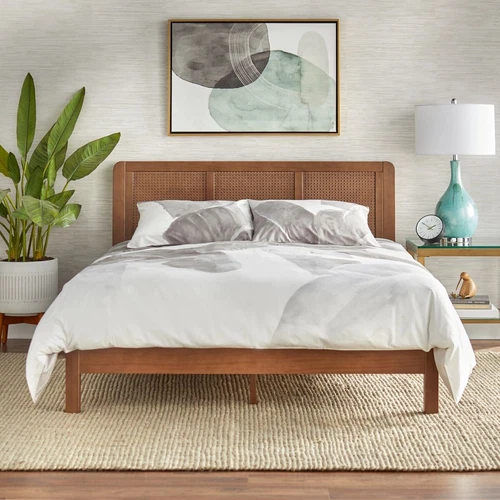 Mid Century Platform Bed Frame Headboard Low Profile Queen Size Solid Wood Brown