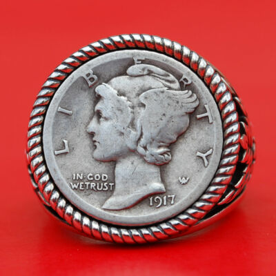 USA 1917 Mercury Dime Silber Münze 925 Sterling Silber Ring Banknote Olivenblatt