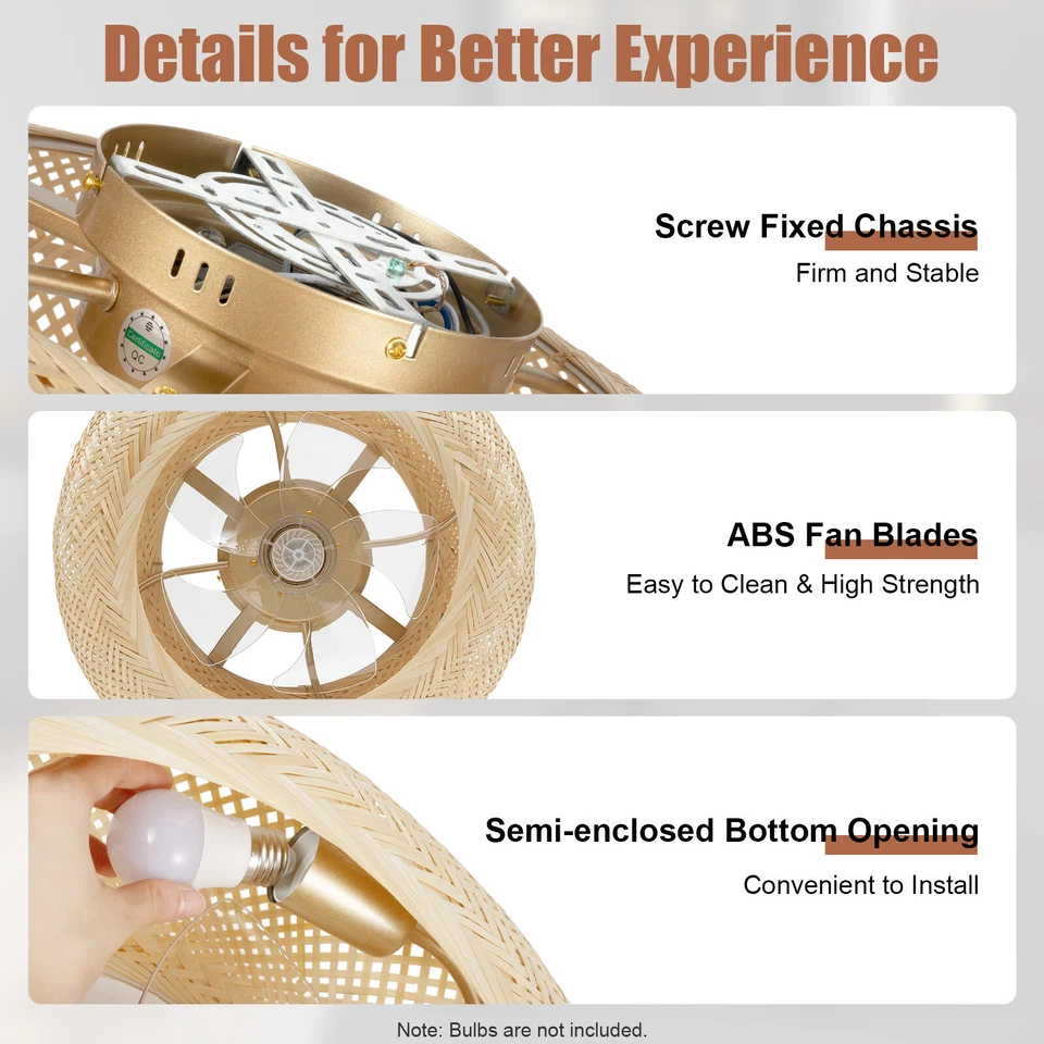 20" Farmhouse Boho Rattan Woven Bamboo Ceiling Fan with Light & Remote Control ! - Image 2 of 4