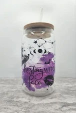 Resting Witch Face Astrology Can Glass Tumbler Bamboo Lid Glass Straw