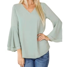 New Women's Layered Bell Sleeve Blouse Sage Green Top size Large