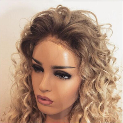 24'' Afr Curly Blonde With Brown root Lace Front Wig Full Head Synthetic Hair